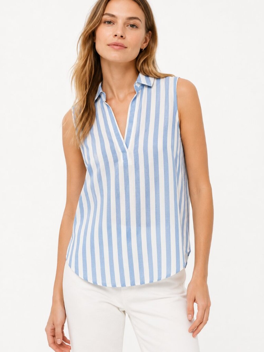 J.Crew Striped Linen Cotton Tunic Top XXS Blue White Sleeveless Popover Blouse